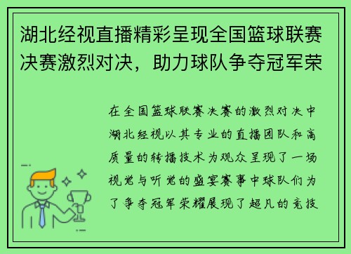 湖北经视直播精彩呈现全国篮球联赛决赛激烈对决，助力球队争夺冠军荣耀